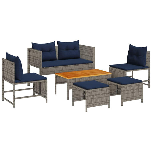 Garten-Sofa-Set 6 pcs Grau und Marineblau Poly-Rattan