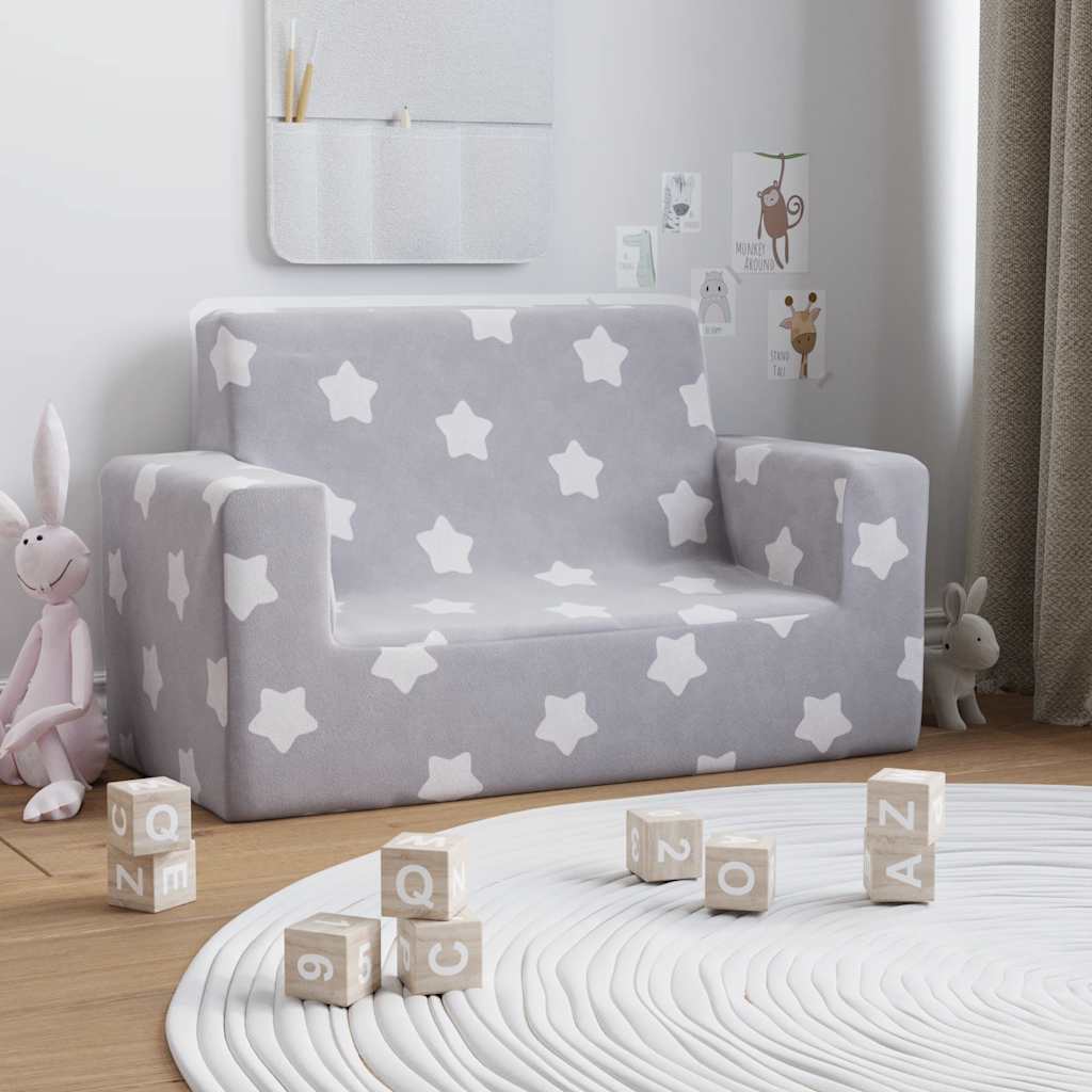 Børnesofa 2-personers lysegrå med Stars Soft Plys
