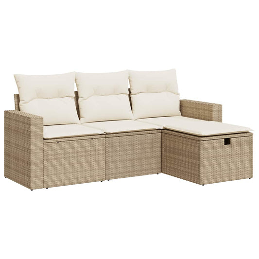 4-tlg. Garten-Sofagarnitur mit Kissen Beige Poly Rattan