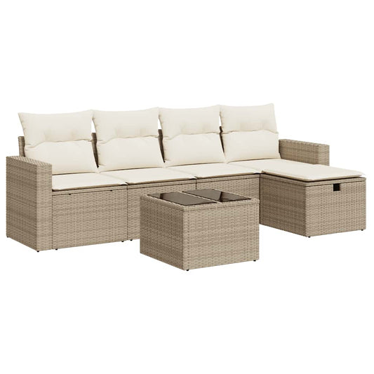 6-tlg. Garten-Sofagarnitur mit Kissen Beige Poly Rattan