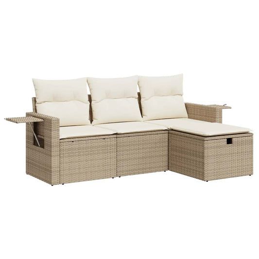 4-tlg. Garten-Sofagarnitur mit Kissen Beige Poly Rattan