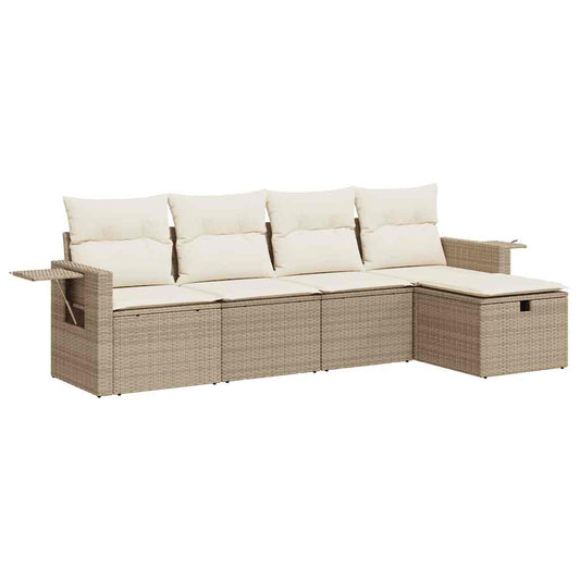 5-tlg. Garten-Sofagarnitur mit Kissen Beige Poly Rattan