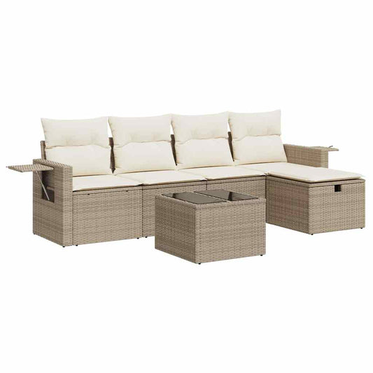 6-tlg. Garten-Sofagarnitur mit Kissen Beige Poly Rattan