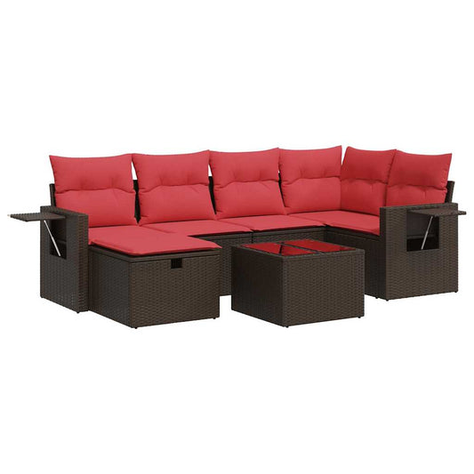 7-tlg. Garten-Sofagarnitur mit Kissen Braun Poly Rattan