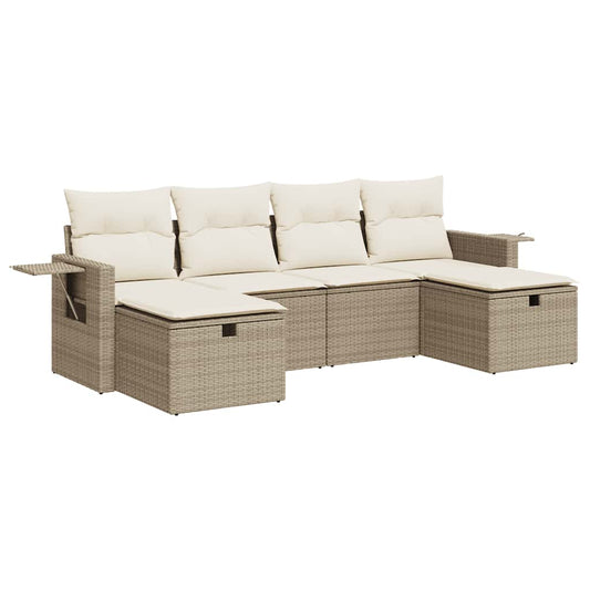 6-tlg. Garten-Sofagarnitur mit Kissen Beige Poly Rattan
