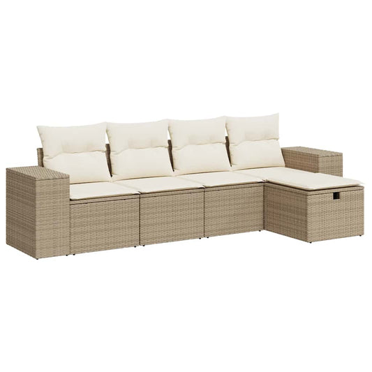 5-tlg. Garten-Sofagarnitur mit Kissen Beige Poly Rattan
