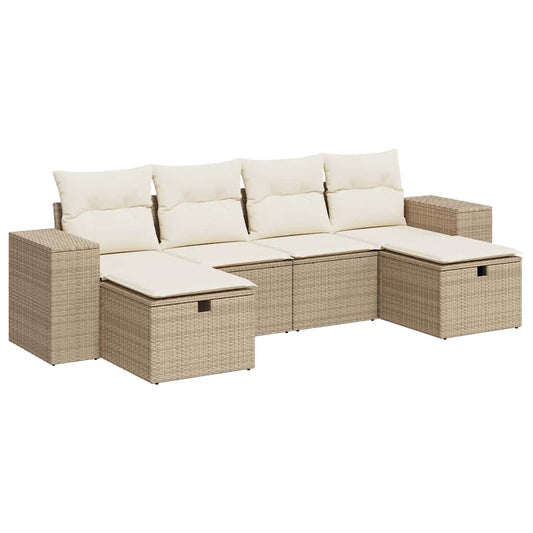 6-tlg. Garten-Sofagarnitur mit Kissen Beige Poly Rattan