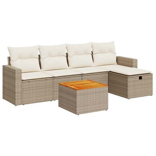 6-tlg. Garten-Sofagarnitur mit Kissen Beige Poly Rattan