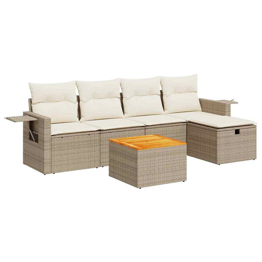 6-tlg. Garten-Sofagarnitur mit Kissen Beige Poly Rattan