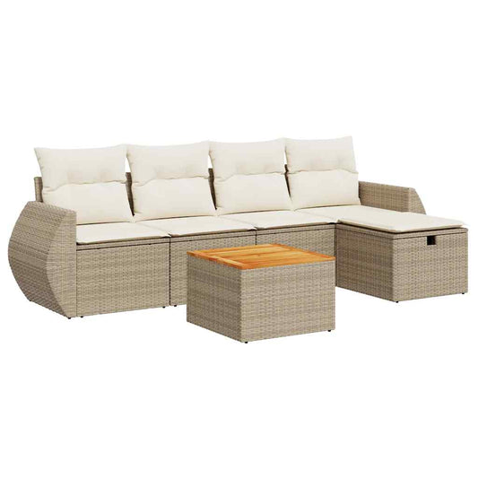 6-tlg. Garten-Sofagarnitur mit Kissen Beige Poly Rattan