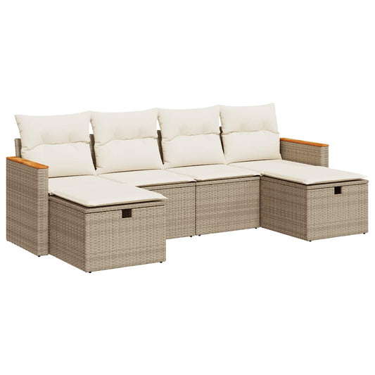 6-tlg. Garten-Sofagarnitur mit Kissen Beige Poly Rattan
