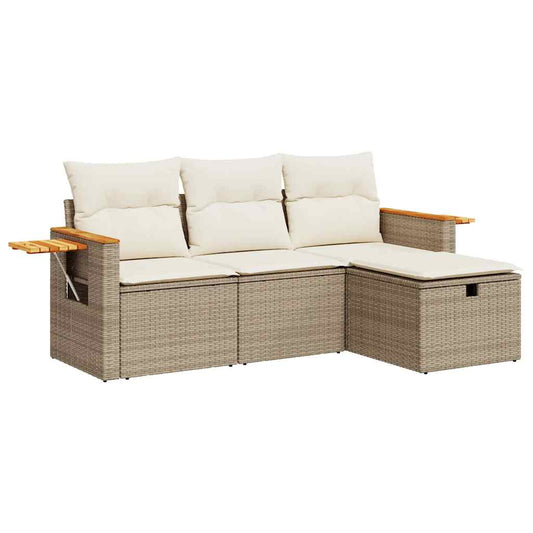 4-tlg. Garten-Sofagarnitur mit Kissen Beige Poly Rattan