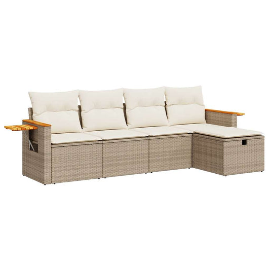 5-tlg. Garten-Sofagarnitur mit Kissen Beige Poly Rattan
