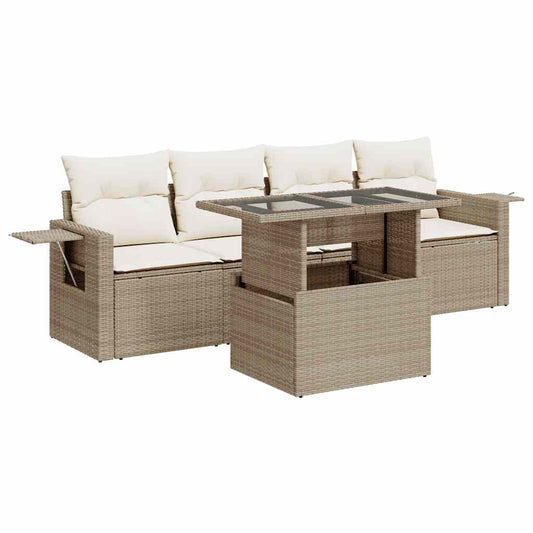 5-tlg. Garten-Sofagarnitur mit Kissen Beige Poly Rattan