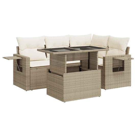 5-tlg. Garten-Sofagarnitur mit Kissen Beige Poly Rattan