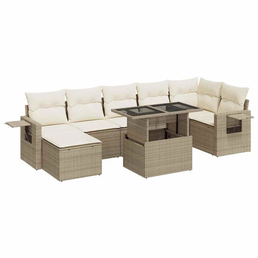 8-tlg. Garten-Sofagarnitur mit Kissen Beige Poly Rattan