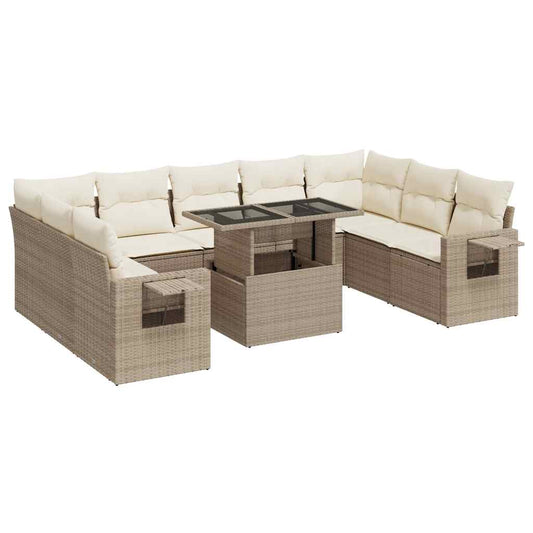 10-tlg. Garten-Sofagarnitur mit Kissen Beige Poly Rattan