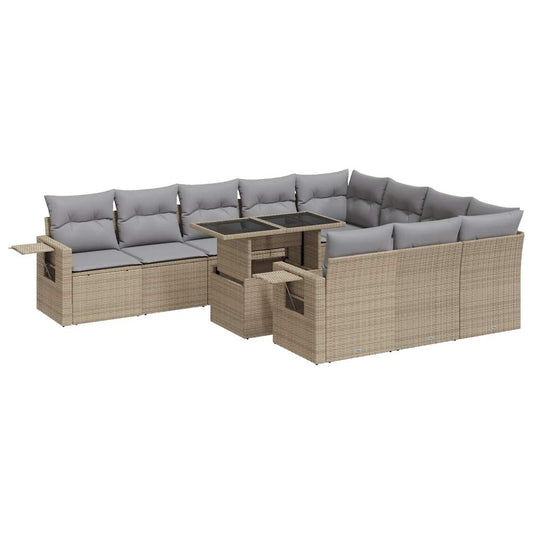 11-tlg. Garten-Sofagarnitur mit Kissen Beige Poly Rattan