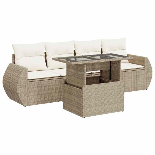 5-tlg. Garten-Sofagarnitur mit Kissen Beige Poly Rattan
