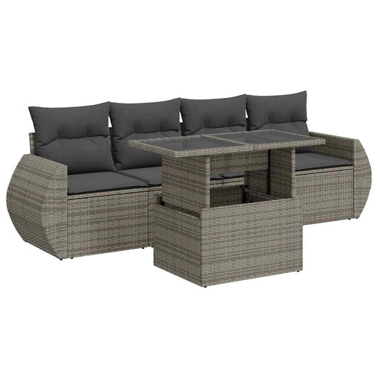 5-tlg. Garten-Sofagarnitur mit Kissen Grau Poly Rattan