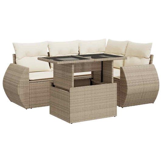 5-tlg. Garten-Sofagarnitur mit Kissen Beige Poly Rattan