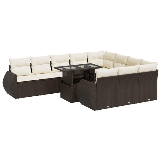 11-tlg. Garten-Sofagarnitur mit Kissen Braun Poly Rattan
