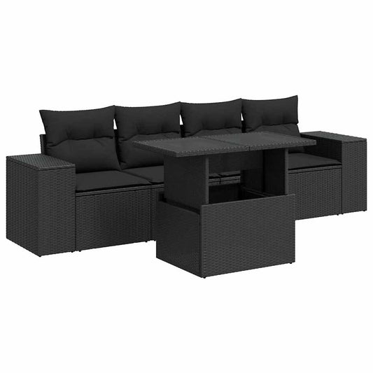 5-tlg. Garten-Sofagarnitur mit Kissen Schwarz Poly Rattan