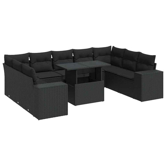 10-tlg. Garten-Sofagarnitur mit Kissen Schwarz Poly Rattan