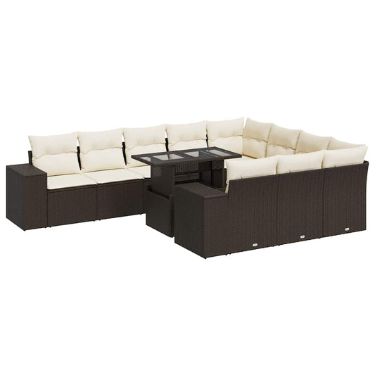 11-tlg. Garten-Sofagarnitur mit Kissen Braun Poly Rattan