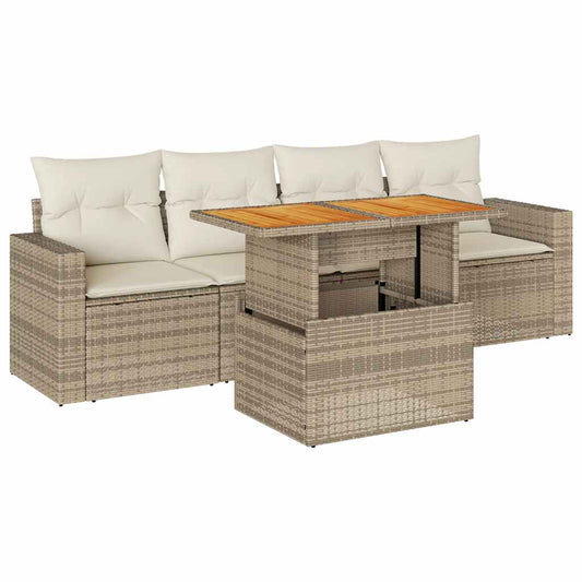 5-tlg. Garten-Sofagarnitur mit Kissen Beige Poly Rattan