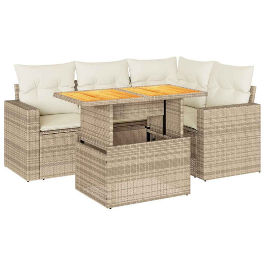5-tlg. Garten-Sofagarnitur mit Kissen Beige Poly Rattan
