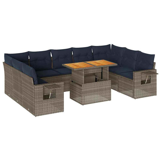 10-tlg. Garten-Sofagarnitur mit Kissen Grau Poly Rattan