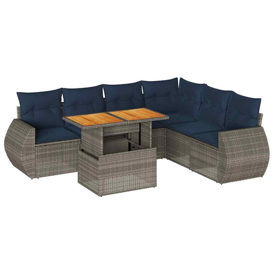 7-tlg. Garten-Sofagarnitur mit Kissen Grau Poly Rattan