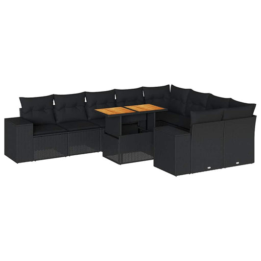 10-tlg. Garten-Sofagarnitur mit Kissen Schwarz Poly Rattan