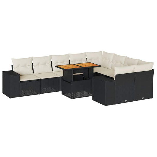 10-tlg. Garten-Sofagarnitur mit Kissen Schwarz Poly Rattan