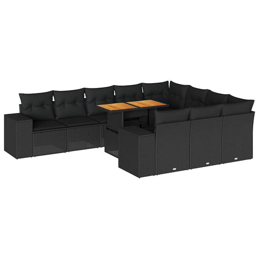 10-tlg. Garten-Sofagarnitur mit Kissen Schwarz Poly Rattan