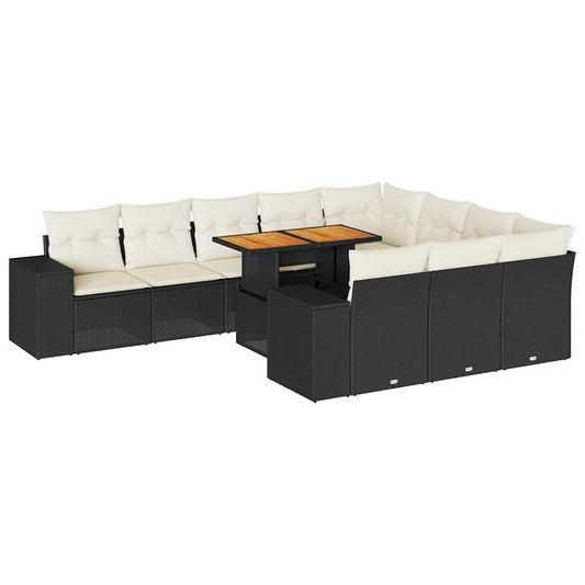 10-tlg. Garten-Sofagarnitur mit Kissen Schwarz Poly Rattan