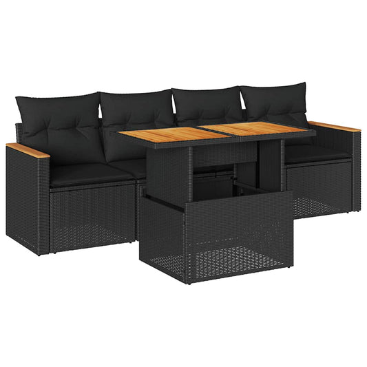5tlg. Garten-Sofagarnitur mit Kissen Schwarz Poly Rattan Akazie