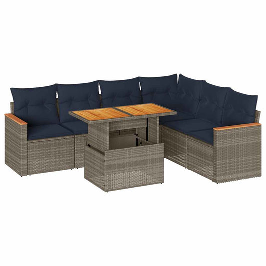 7-tlg. Garten-Sofagarnitur mit Kissen Grau Poly Rattan