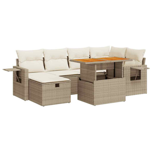 8-tlg. Garten-Sofagarnitur mit Kissen Beige Poly Rattan Akazie