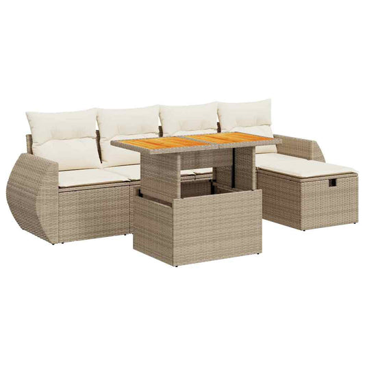 6-tlg. Garten-Sofagarnitur mit Kissen Beige Poly Rattan Akazie