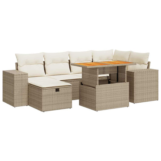 8-tlg. Garten-Sofagarnitur mit Kissen Beige Poly Rattan Akazie