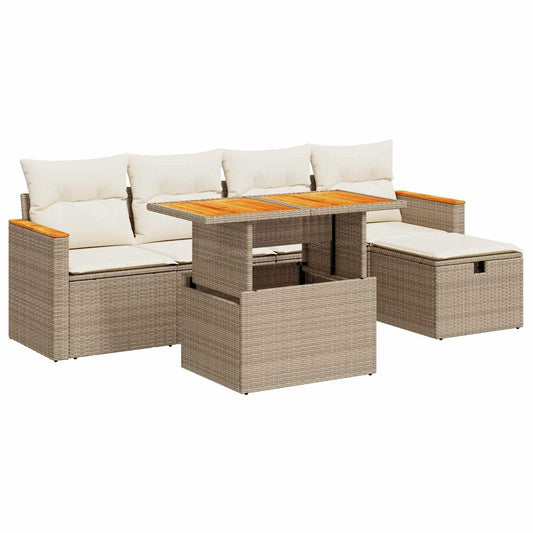 6-tlg. Garten-Sofagarnitur mit Kissen Beige Poly Rattan