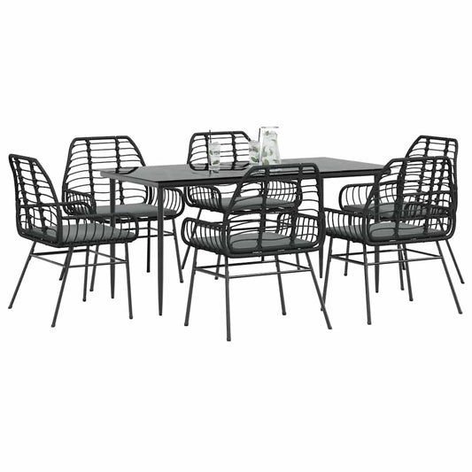 7-tlg. Garten-Essgruppe mit Kissen Schwarz Poly Rattan Glas