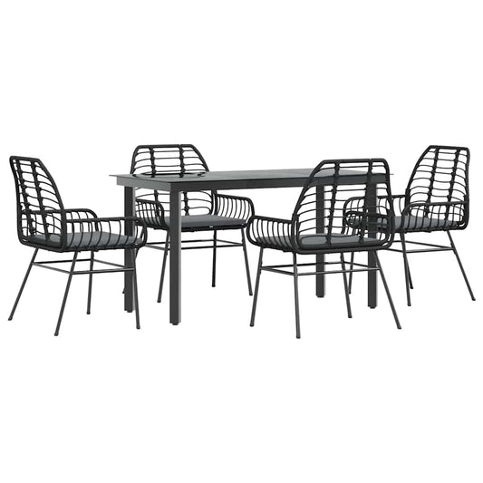 5-tlg. Garten-Essgruppe mit Kissen Schwarz Poly Rattan Glas