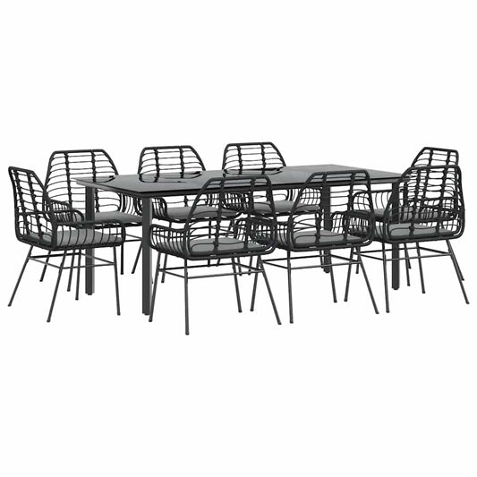 9-tlg. Garten-Essgruppe mit Kissen Schwarz Poly Rattan Glas
