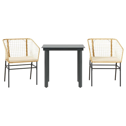3-tlg. Garten-Essgruppe mit Kissen Braun Poly Rattan Glas