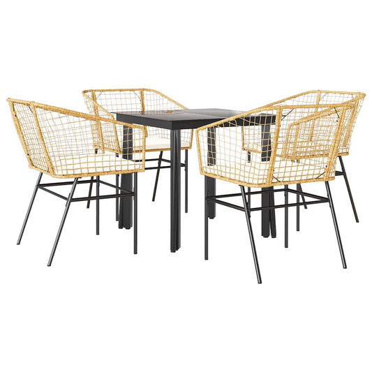 5-tlg. Garten-Essgruppe mit Kissen Braun Poly Rattan Glas