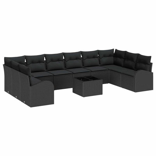Sofa Set mit Kissen 11 pcs Schwarz Poly Rattan