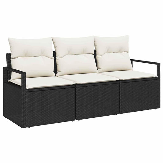 Sofa Set mit Kissen 3 pcs Schwarz Poly Rattan